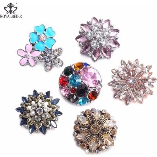 ROYALBEIER 6pcs/lot Rhinestone Fashion Metal Acrylic Snap Button fit 18/20mm Metal Bead DIY Snap Jewelry Flower Accessory KM0033