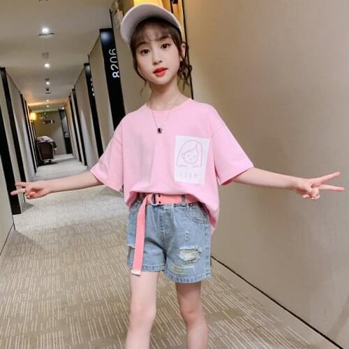 Teen Clothes 2021 Summer Kids Clothes Sets New Fashion Cute T-Shirt Top + High Waist Denim Shorts with Belt Two-piece Suit 4-13Y