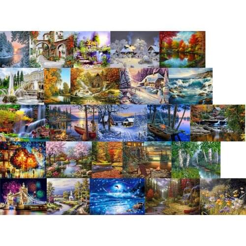 Landscape chrysanthemum oil painting DIY Cross Stitch Embroidery Kits Craft Needlework Set Cotton Thread Canvas Home Design