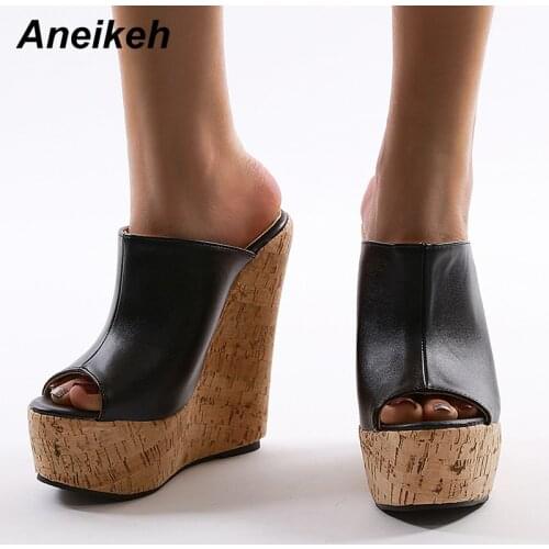 Aneikeh Summer Women Shoes Slippers Slides PU Rubber Solid Outside Wedges Adult Black Round Toe 35~42 New 2020 Rubber Platform
