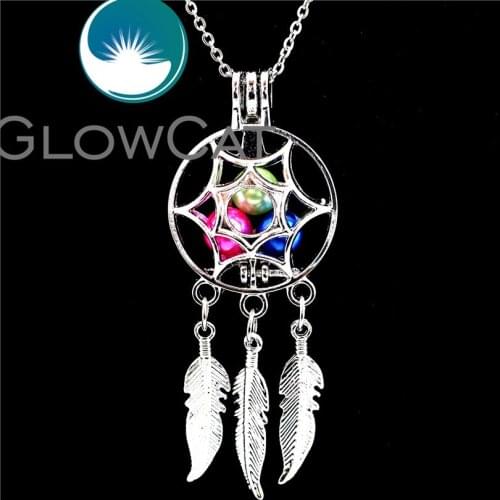 GLOWCAT K616 Handmade Mascot Dream Catcher Beads Cage Aroma Essential Oil Diffuser Pearl Cage Locket Necklace Women Party Gift