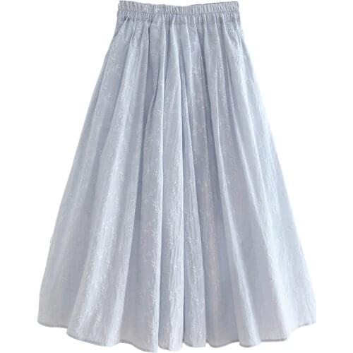 Summer cotton and hemp printed skirt womens medium length 2020 new artistic loose floral elastic pleated long skirt