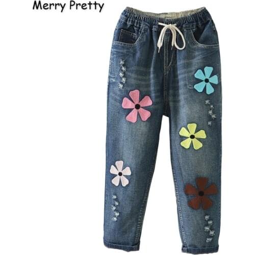 Merry Pretty Plus Size 3XL Women Jeans Pants Floral Embroidery Denim Pants Elastic Waist Straight Pockets Jean Pant Girl Jeans