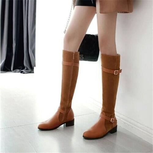 PXELENA 34-43 Plus Size Knee High Boots Women Round Toe Cuban Square Low Heels Long Riding Boots Ladies Shoes 2018 Winter New