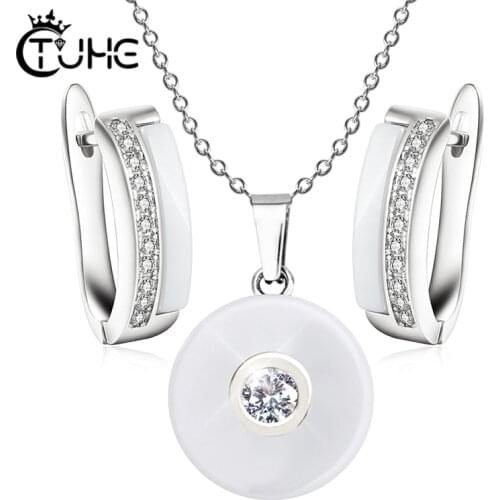 Fashion Black White Ceramic Jewelry Set Round Crystal Pendant Neckalce Cute One Row Rhineston Earrings For Women Party Jewelry