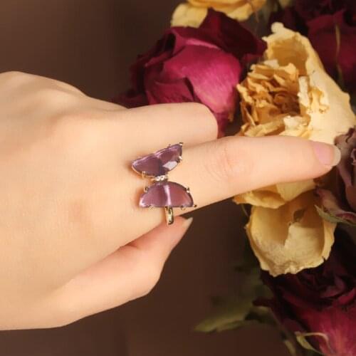 2020 Korean new design fashion jewelry exquisite butterfly purple glass female opening adjustable index finger ring