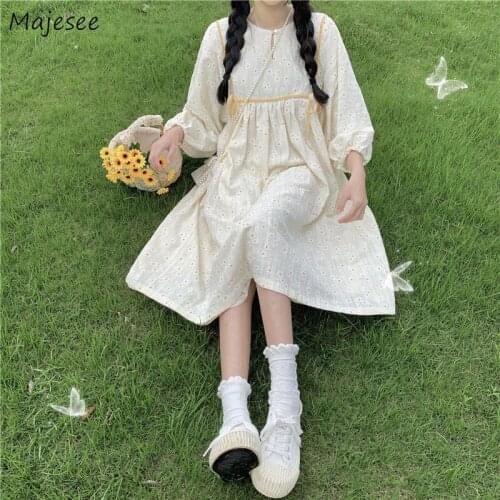 Dress Women Summer Loose Ulzzang Preppy Style Elegant Cute Floral Bandage Long Sleeve Vintage Student Teen Girls Fashion Baggy