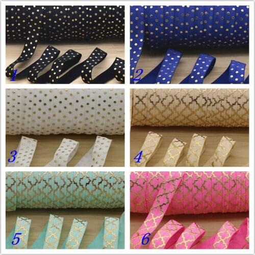 5/8'' Free shipping gold dots quatrefoil printed Fold Elastic FOE headband headwear hairband diy decoration wholesale OEM S437
