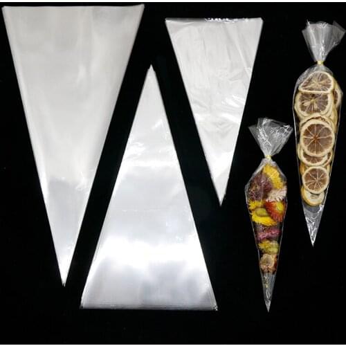 50PCS Transparent Triangle Shape Gifts Bag Of Sweet With Ties OPP Plastic Cellophane Bags Cones Candy Food Pouch Jewelry Packing