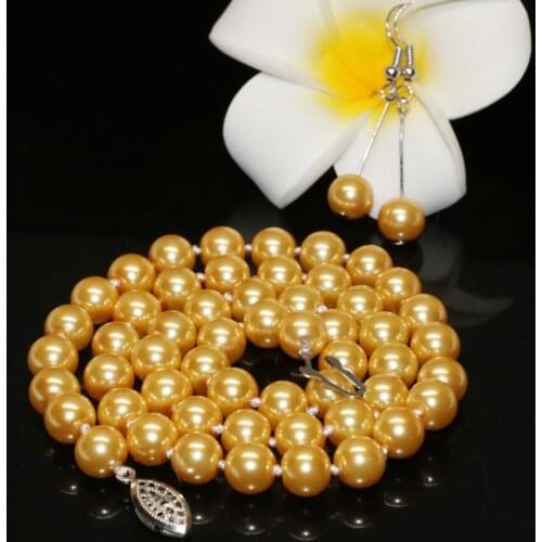 8mm round simulated-pearl shell beads necklace earrings free shipping hot sale elegant yellow women jewelry set 18inch B2363