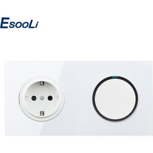 Esooli White Crystal Glass Panel 16A EU Russia Standard Wall Power Socket + 1 Gang 1 Way On / Off Light Switch LED Indicator
