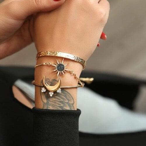 3 Pcs/Set Bohemian Bracelets Retro Stars Moon Crystal Chain Gold Bracelet Set Women Party Wedding Jewelry Gift Accessories