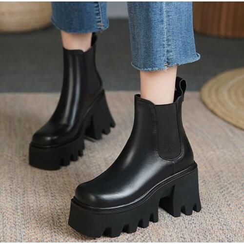 New Women Autumn Winter Chelsea Boots Female Platform PU Leather Thick Bottom Shoes Ladies Knitted Slip-On Keep Warm Footwear