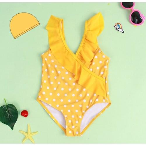 2021 new girls' one-piece swimsuit yellow wave point lotus leaf sweet childrens hot spring suit