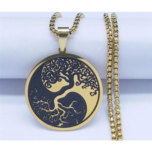 Yin Yang Gossip Tree of Life Stainless Steel Long Necklaces Gold Color Muslim Islam Necklaces Jewelry arbre de vie N726S02