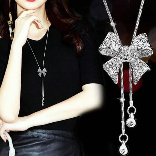 Elegant Silver Color Rhinestone Bowknot Pendant Long Necklace Sweater Chain Chocker Jewelry Woman Christmas