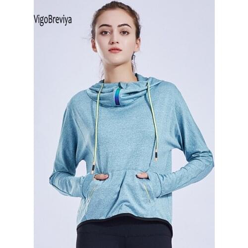 VigoBreviya Loose With Hood Yoga T-Shirt Women Long Sleeve Sports Casual Top Female Gym Running Workout Pocket Shirts Sportwear