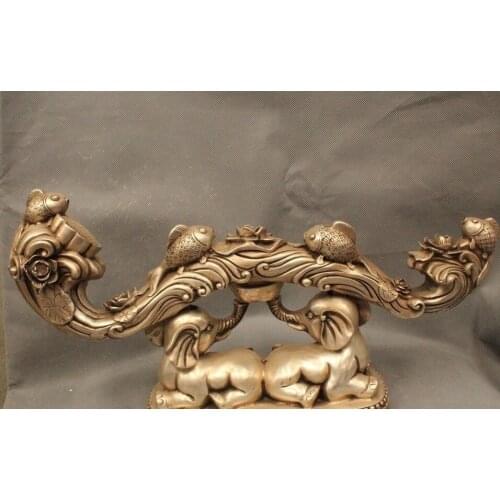 18" Chinese Fengshui Silver Wealth Fu Fish Elephant Auspicious Ru Yi Statue