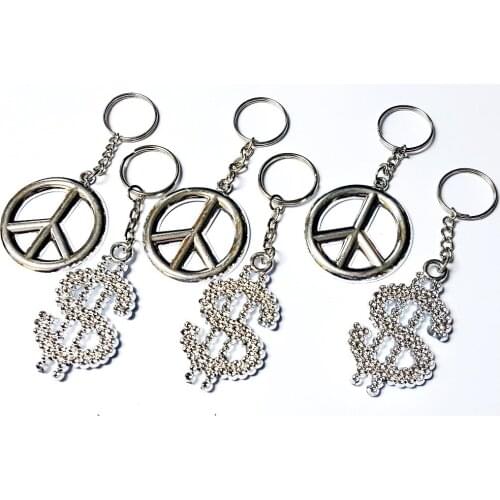 30pc Plastic Dollar Sign & Peace key ring VINTAGE Charms chain Retro Fashion Birthday Party Favors Pinata Bag Fillers Gift Jokes