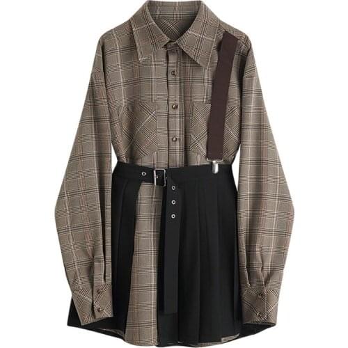 Two Piece Set Fashion Long Sleeve Shirt Women 2021 Female Tops Plaid Shirts Elastic Waist Skirts Solid Skirt Sets Autumn Loose