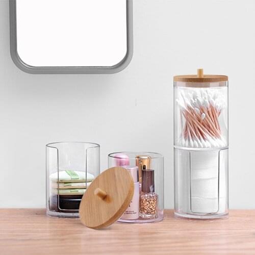 Bamboo Makeup Cotton Swabs Organizer Box Transparent Cosmetics Cotton Pads Holder Plastic Qtip container Bathroom organizer#w