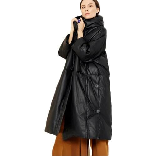 Jacket Down Sheepskin Winter Womens Brand Warm Loose Genuine Leather Long Down Coat Female Black Oversize Hooded Outerwear
