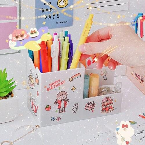 Creative Fashion Cute Pen Holder Case Student Female Ins Kawai Sticker Desktop Decoration Stationery Desk Organizer Storage Box