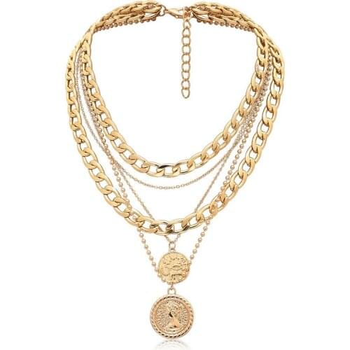 2020 New Arrival Cool Mix and Match Geometric Thick Chain Womens Retro Portrait Coin Multi-Layer Tassel Necklaces Wholesale