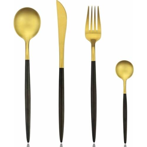 Luxurious 4 Piece Matte Black Handle and Gold Stainless Steel Flatware Sets, Include Knife Fork Spoon
