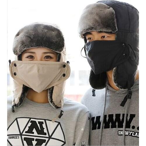Handmade Thicken Warm Earflap Mask Unisex Snow Ski Trapper Aviator Trooper Faux Fur Plush Button Hat Cap Harajuku Winter
