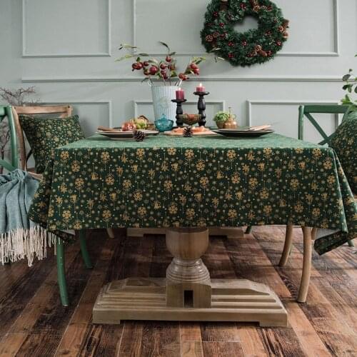 Green Gold Christmas Tree Table Cloth Cover Cotton Linen American Style Tablecloth for Festival Home Outdoor Party Event Decor