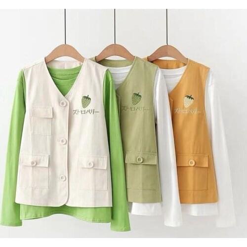 Loose casual all-match vest street cotton vest women Pop style female embroidery sleeveless British student vest womens vest