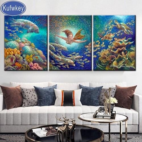 Triptych Modern Decor The Underwater world Art Diamond Painting Sea turtle Fish Diamond Embroidery 3pcs Diamond Mosaic Home Art