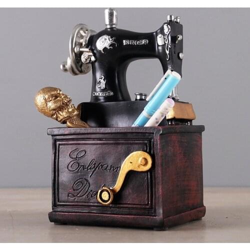 Vintage Resin Sewing Machine Pen Holder Ornaments Figurine Retro Crafts Old Furniture Sewing Machine Miniature Home Decor Gifts