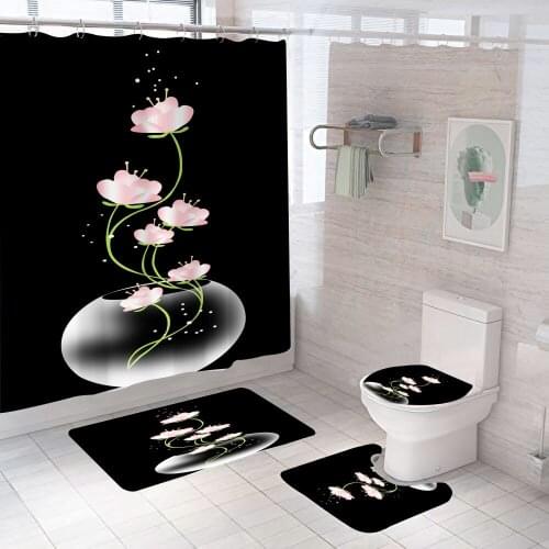 Black Flower 3d Shower Curtain Pink Lotus Vase With Non Slip Rug Mat Bathroom Curtains Waterproof Polyester Home Decor 180x180