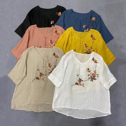 Johnature Summer New Vintage Linen Embroidery Print Womens Tops And Blouses 2021 Casual V-neck Loose 6 Colors Button Shirts