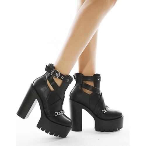 High Quality Plus Size 35-42 Ankle Boots for Women High Heels Casual Cut-outs Buckle Round Toe Chain Thick Heels Platform Shoes