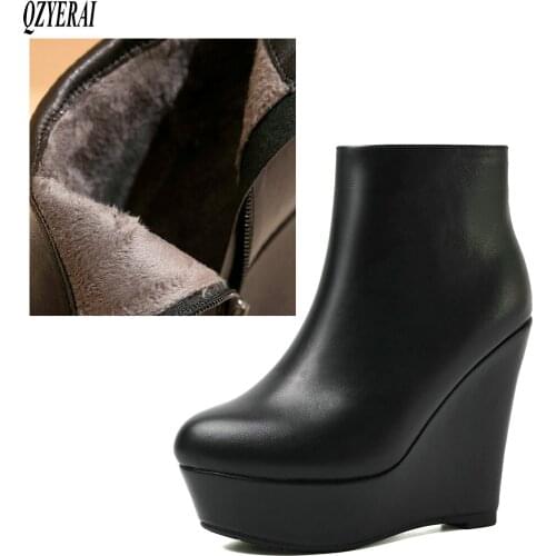 Women Ankle boots Genuine leather Female boots black wedge Round head Autumn and winter Womens shoes Size 34-40