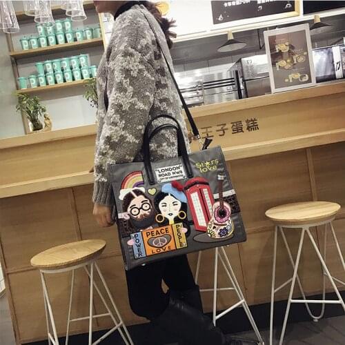 Women Bags Leather Patchwork Embroidery Handbags Shoulder Bags Messenger Bag Tote Braccialini Style Cartoon Stray Musician