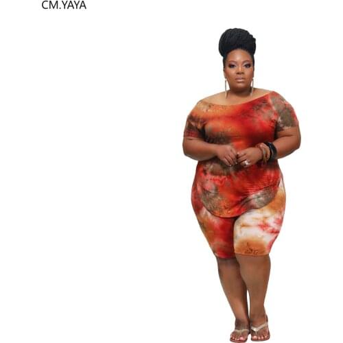 CM.YAYA Plus Size XL-4XL Tie Dye Print Womens Set Slash Neck T-shirt Shorts Sweatpant Jogger Suit Tracksuit Matching Set Outfit
