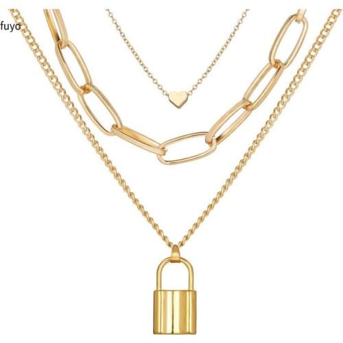 Multilayer Lock&Key Heart Gold Chain Necklaces Set For Women&Men Bohemian Pendant Choker Necklace Fashion Jewelry