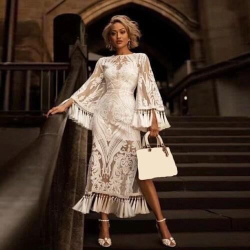 Vintage Dress Women Elegant White 2020 Womens Retro O-neck Flare Sleeve High Waist Embroidered Print Fringe Dress Vestidos#G7
