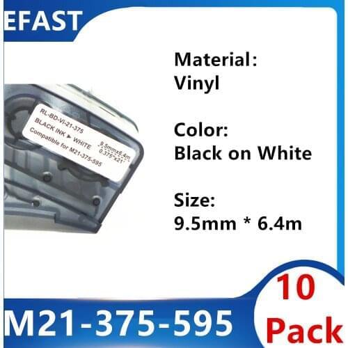 10Pack M21 375 595 Vinyl Label Ribbon Black On White For BMP21 PLUS BMP21 LAB Printer 9.5mm *6.4m label tape Wire Marking Sleeve
