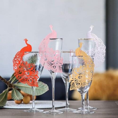 25pcs/lots Laser Cut Peacock Wine Glass Card Party Decoration Paper Place Card Wedding Decoration for Vintage Wedding Favors
