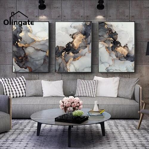 Abstract Texture Luxury Fluid Canvas Painting Nordic Golden Gray Fluid Marble Wall Art One Piece Canvas Poster Home Room Decor