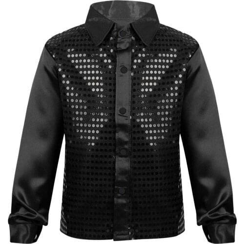 Shiny Sequined Kids Boys Jazz Dance Shirt Tops Children Long Sleeve Spread Collar Shirts For Choir Stage Performance Costumes