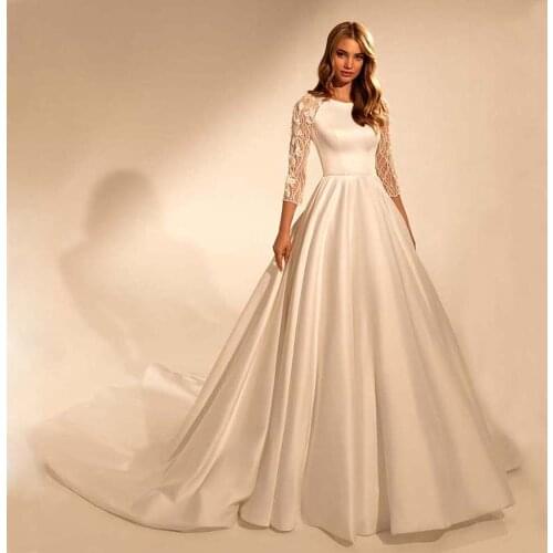 Elegant Wedding Dress 2021 Lace Sleeve Bride Dresses Simple Satin Reserve White Bridal Gowns Vestido De Novia buy china direct
