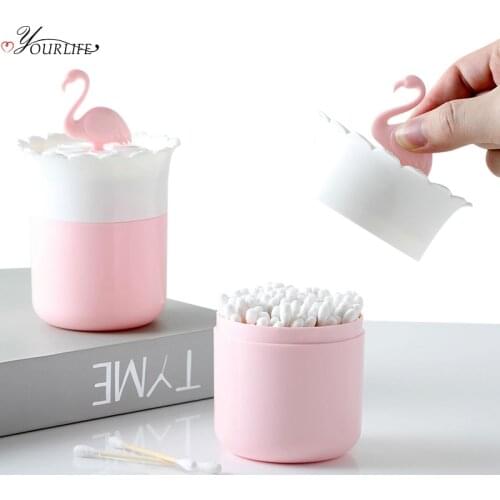 OYOURLIFE Cute Cartoon Flamingos Cotton Swab Storage Box Plastic Cotton Swab Toothpick Dust-proof Case Desktop Makeup Organizer