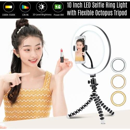10 Inch/26cm Ring Video Light Kit 3300K-5500K Dimmable LED Selfie Ring Light 3 Lighting Modes+ Flexible Octopus Tripod lamp