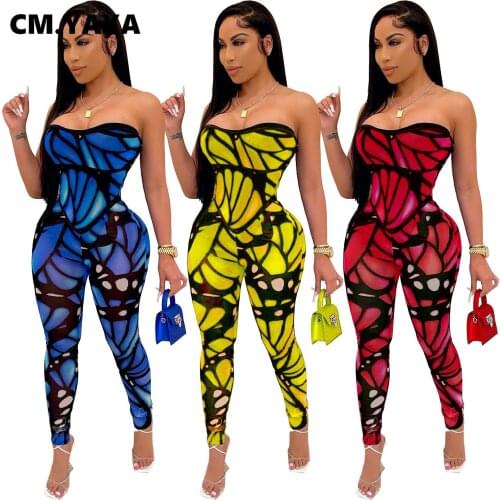 CM.YAYA Women Butterfly Print Strapless Jumpsuit for Skinny Active Sleeveless Sexy Party Bodycon Romper Overall Outfits Playsuit